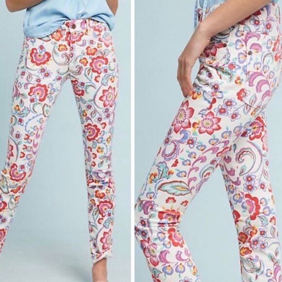 Pilcro Letterpress Mid Rise Skinny Floral Jeans Size 32 White Red Anthropologie - Picture 11 of 11